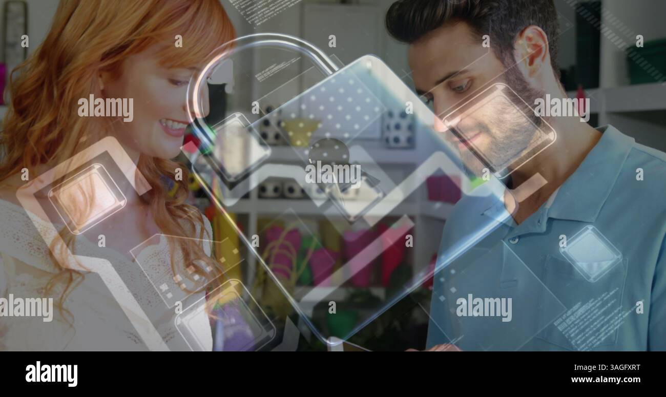 Image du cadenas de sécurité réseau sur les personnes utilisant le terminal de paiement Banque D'Images