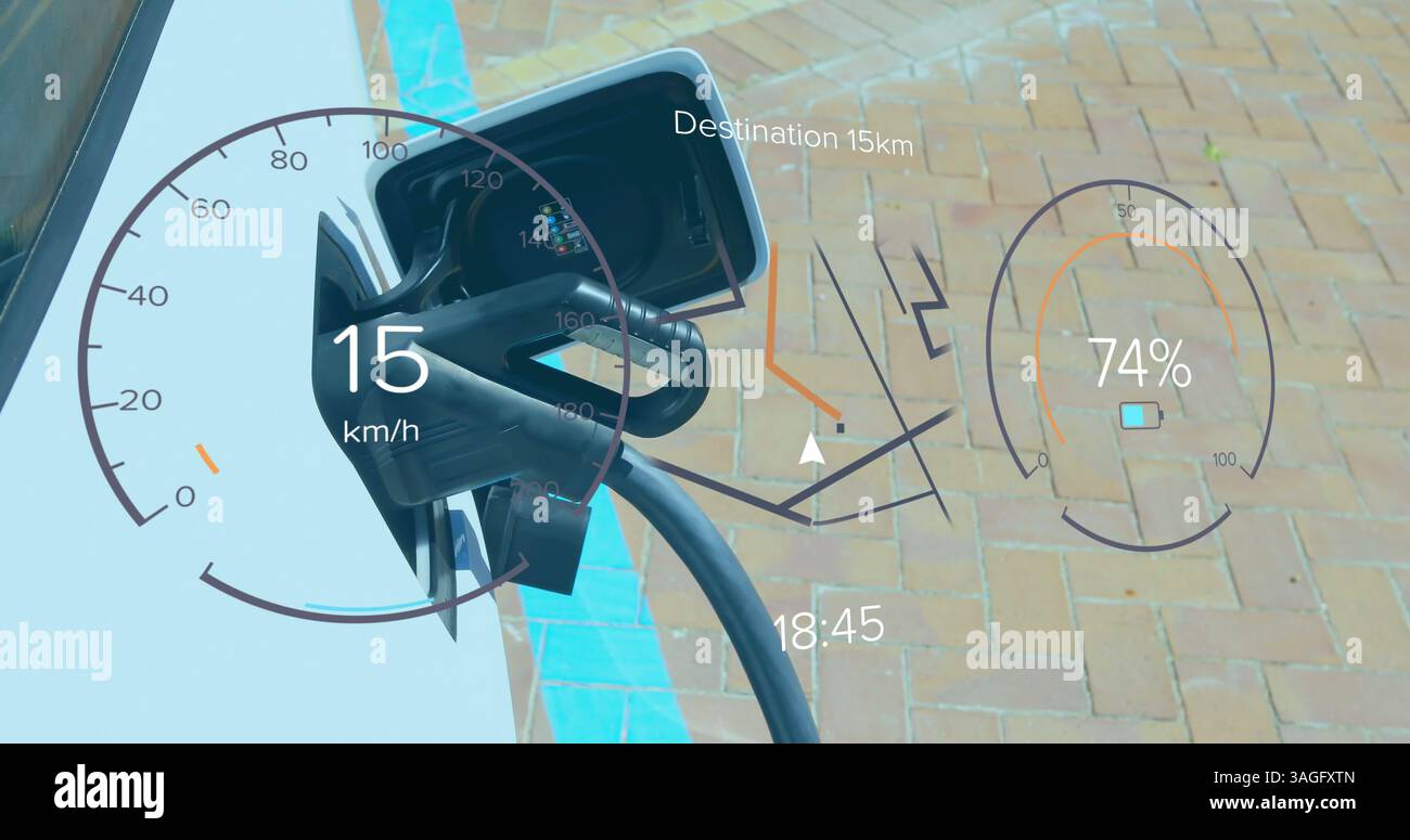 Illustration de l'interface avec l'icône de charge de la batterie et le compteur de vitesse au-dessus du véhicule Banque D'Images