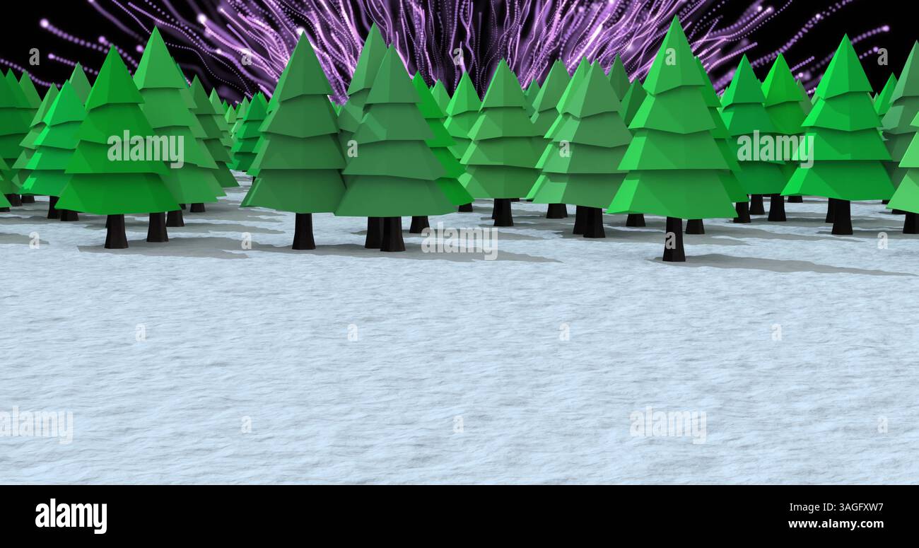 Plusieurs icônes d'arbres sur le paysage d'hiver sur des traînées de lumière violettes éclatant sur fond bleu Banque D'Images