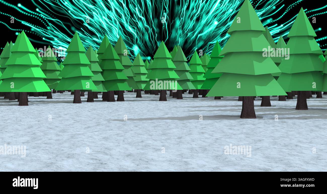 Image de neige tombant sur des sapins et des paysages d'hiver Banque D'Images