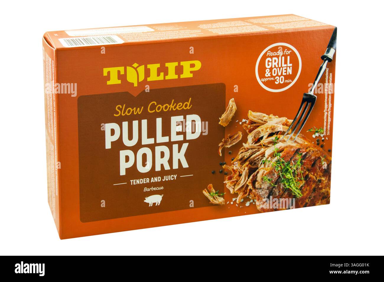 Hambourg, Allemagne - 8 avril 2025 : Tulipe de porc tirée lentement cuite isolée sur fond blanc Banque D'Images