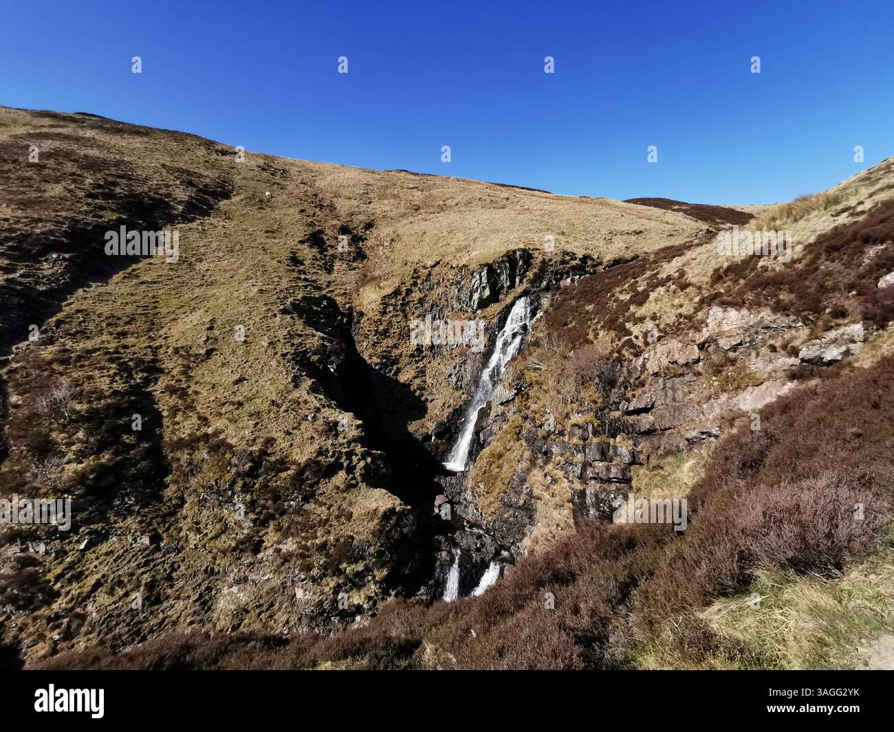 St Mary's Loch, Loch Skeen, The Grey Mare's Tail, White Coomb et Lochcraig Head dans Scottish Borders/Dumfries et Galloway pendant un printemps très sec. Banque D'Images