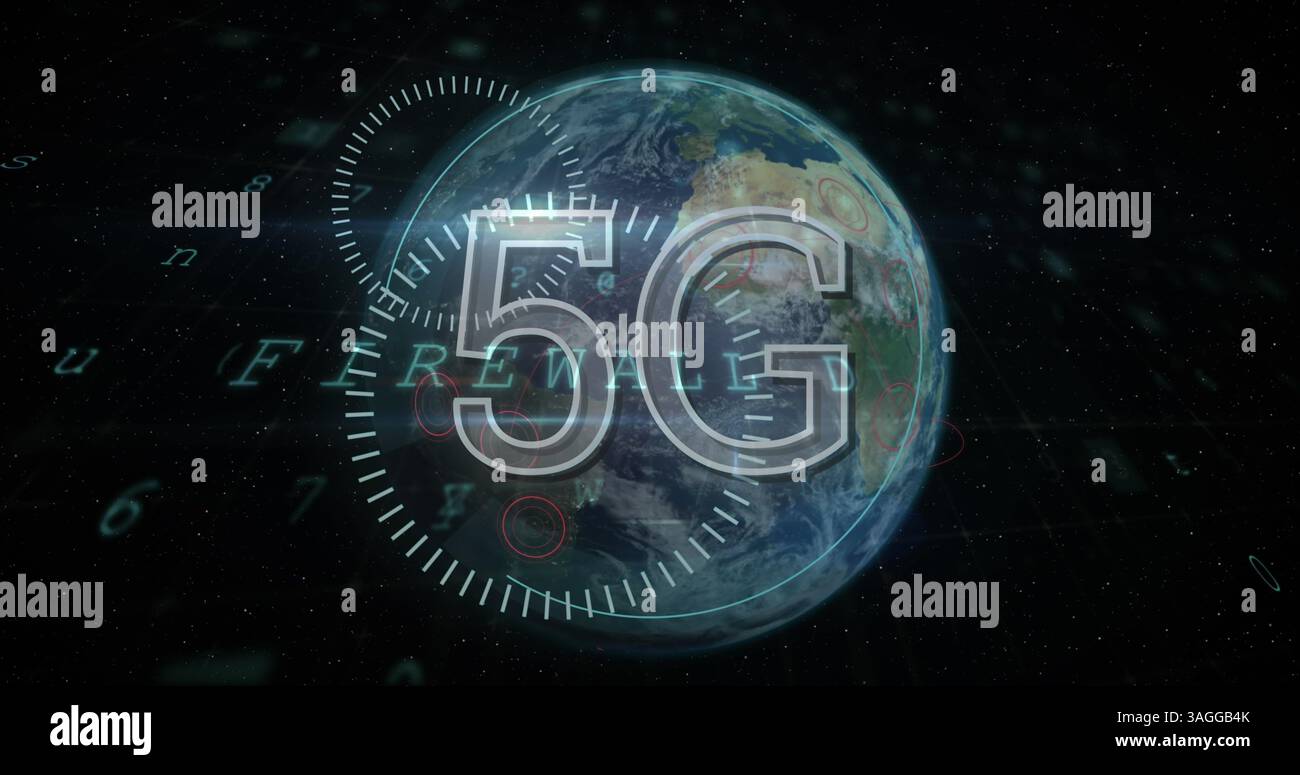 traitement de texte 5g et de données de cybersécurité contre globe terrestre sur fond noir Banque D'Images