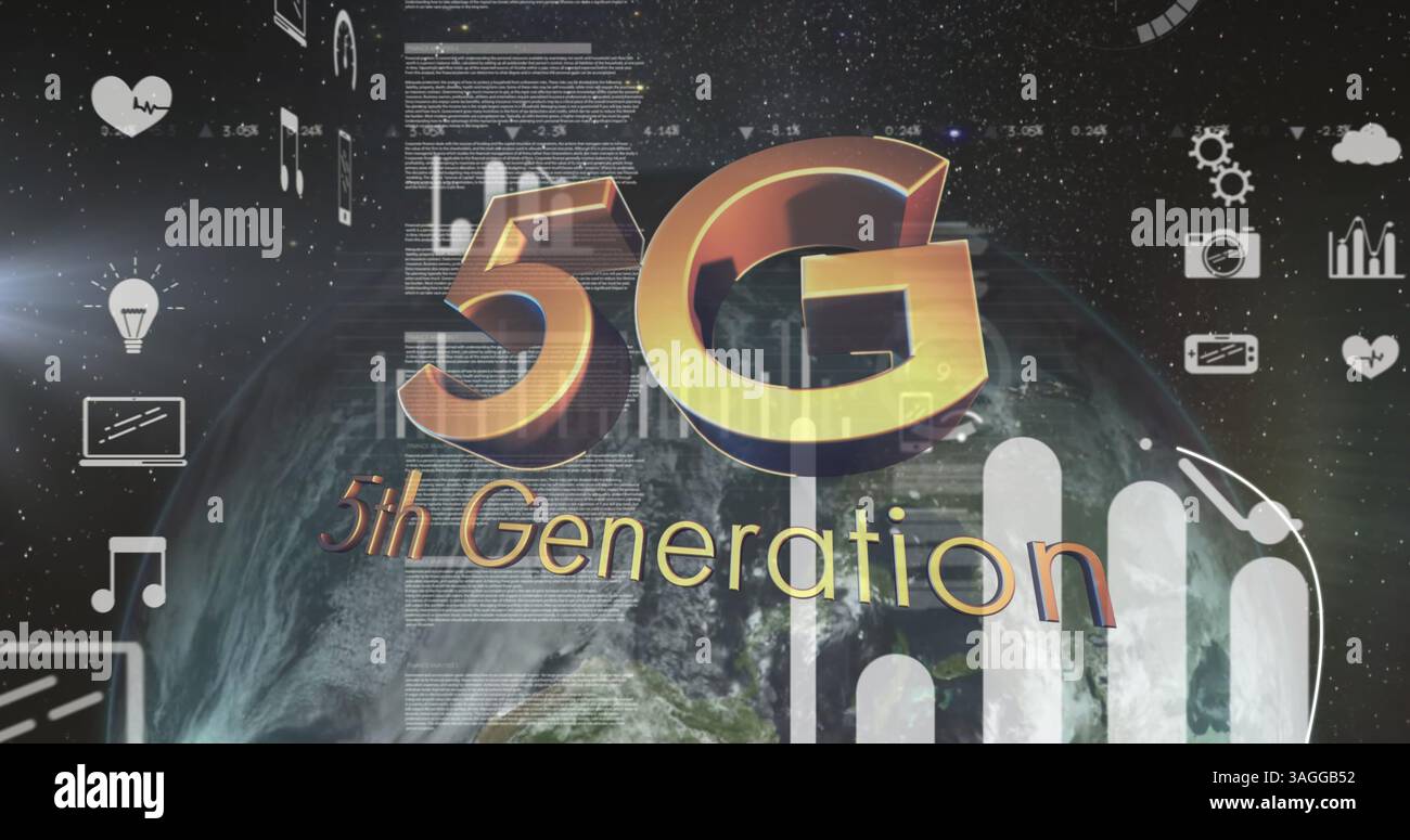 texte 5g et plusieurs icônes numériques flottant contre globe tournant sur fond noir Banque D'Images