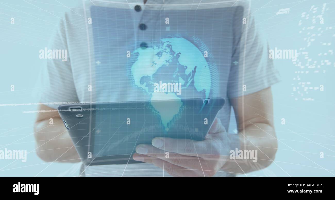 Image d'écrans avec balayage de oscilloscope et traitement de données sur l'homme à l'aide de la tablette Banque D'Images