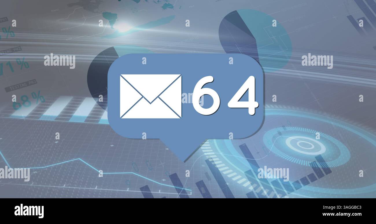 Image de la bulle de parole avec l'icône de messagerie et les numéros, l'enregistrement des statistiques et le traitement des données Banque D'Images