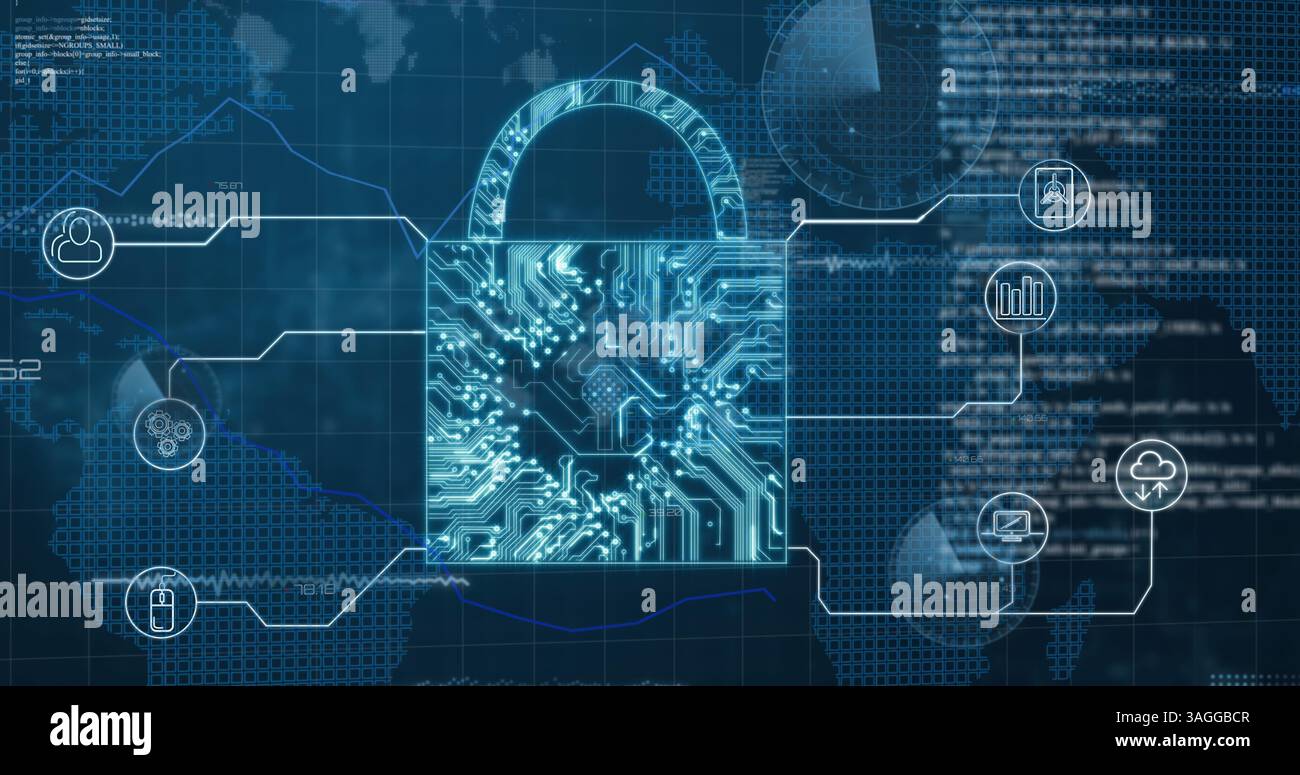 Image de cadenas de sécurité en ligne avec réseau d'icônes et de traitement des données Banque D'Images