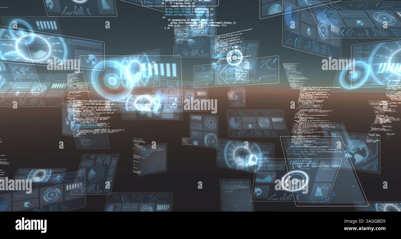 Image du traitement des données et de l'acquisition des oscilloscopes à l'écran sur un horizon lumineux Banque D'Images