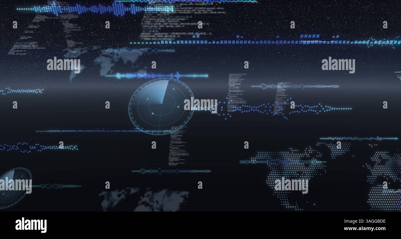 Image du traitement des données et de l'acquisition des oscilloscopes à l'écran sur un horizon lumineux Banque D'Images