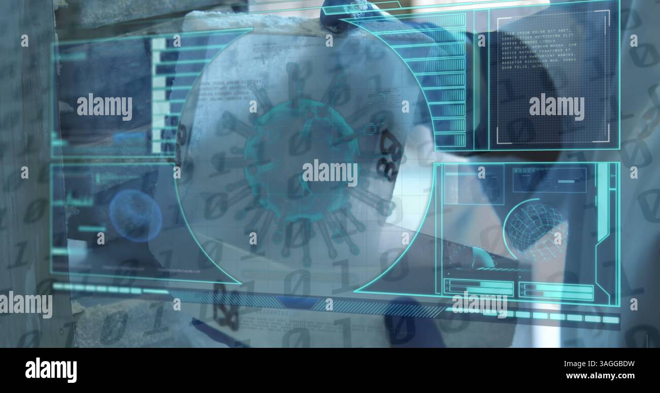 Image de la cellule covid 19, du traitement des données médicales et du balayage de l'oscilloscope sur scientifique en laboratoire Banque D'Images