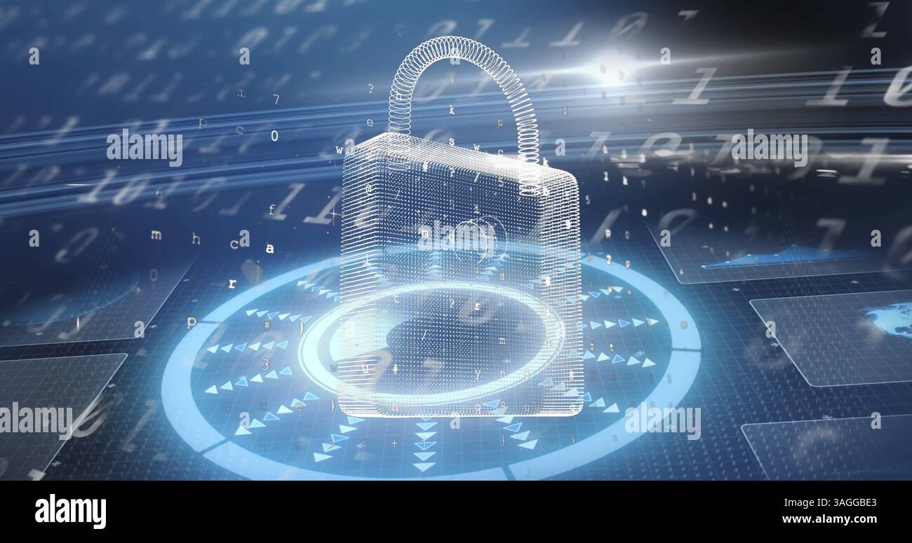 Illustration du cadenas de sécurité en ligne, de l'analyse de l'oscilloscope et du traitement des données Banque D'Images