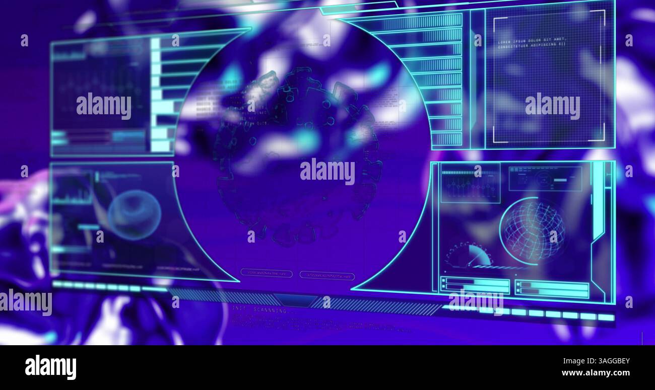 Image de la cellule covid 19 et du traitement des données médicales sur des écrans sur fond violet Banque D'Images