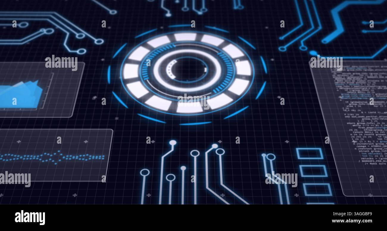 Image du traitement des données sur les écrans et le balayage de l'oscilloscope avec carte de circuit imprimé sur fond noir Banque D'Images