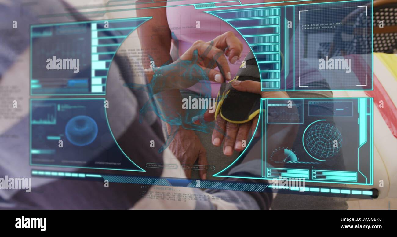 Image des cellules covid 19 et du traitement des données médicales sur une femme avec une attelle de poignet Banque D'Images