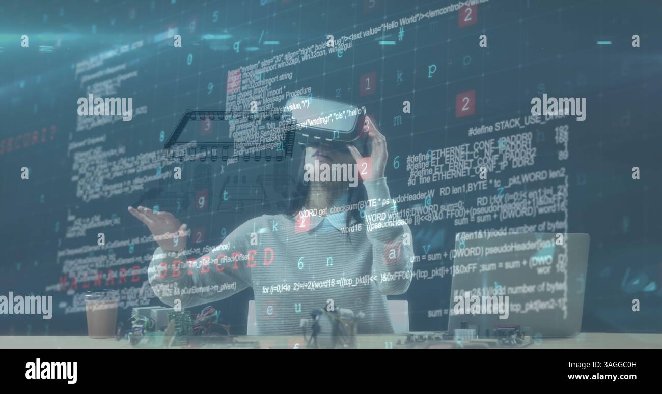 Image de la rotation du processeur et du traitement des données sur une femme portant un casque vr Banque D'Images