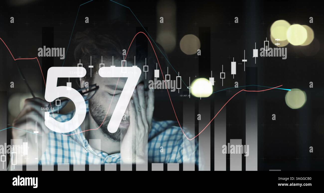 Image de nombres changeant au fil des statistiques et de l'homme fatigué Banque D'Images