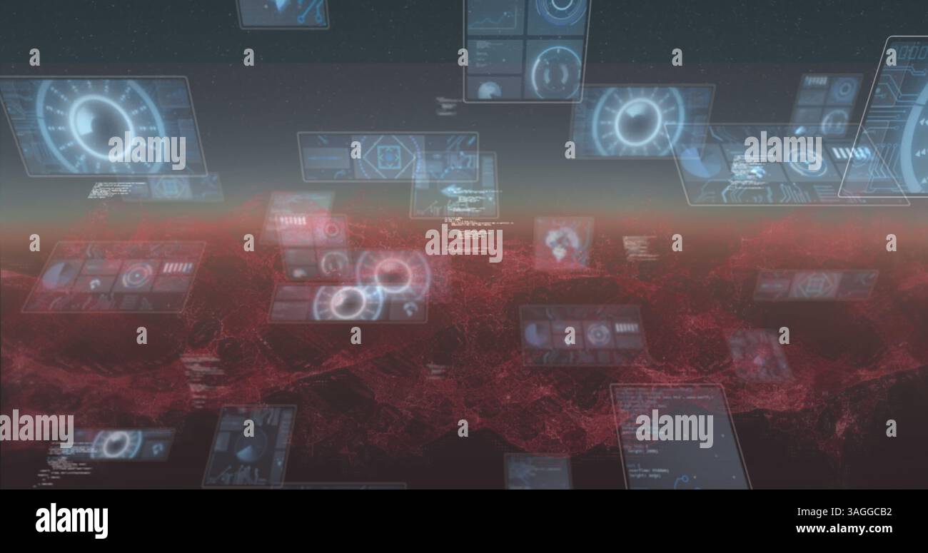 Onde numérique rouge contre plusieurs scanners ronds et traitement des données sur fond bleu Banque D'Images