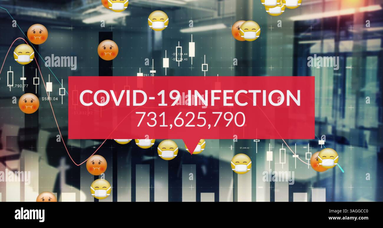 Image du traitement des données covid 19 sur des emojis malades avec des masques faciaux et des statistiques Banque D'Images