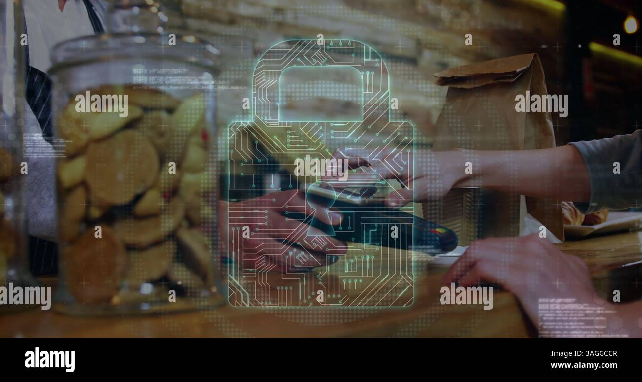 Image du cadenas de sécurité réseau sur les personnes utilisant le terminal de paiement Banque D'Images
