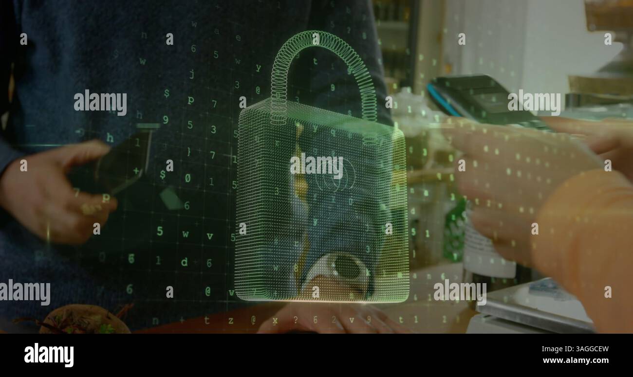 Image du cadenas de sécurité réseau sur les personnes utilisant le terminal de paiement Banque D'Images