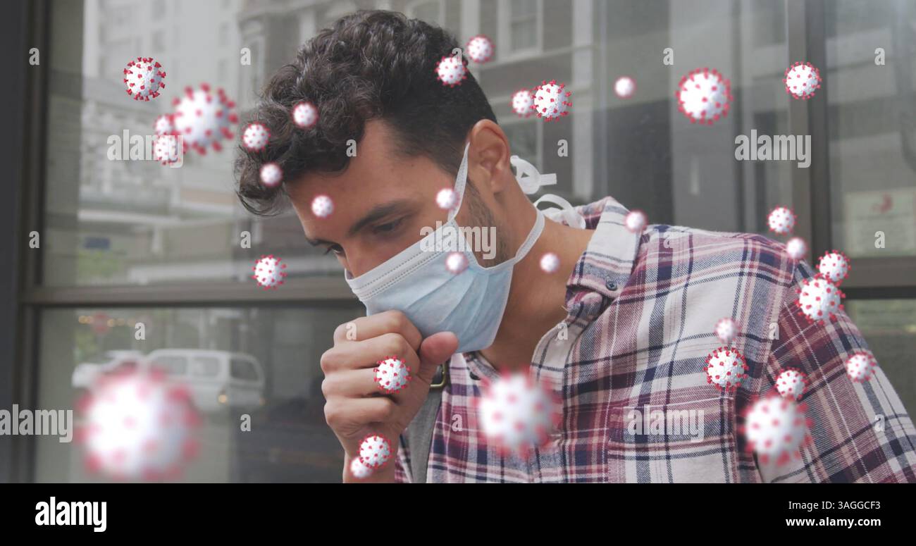 Image de cellules covid 19 au-dessus d'un homme caucasien portant un masque facial toussant Banque D'Images