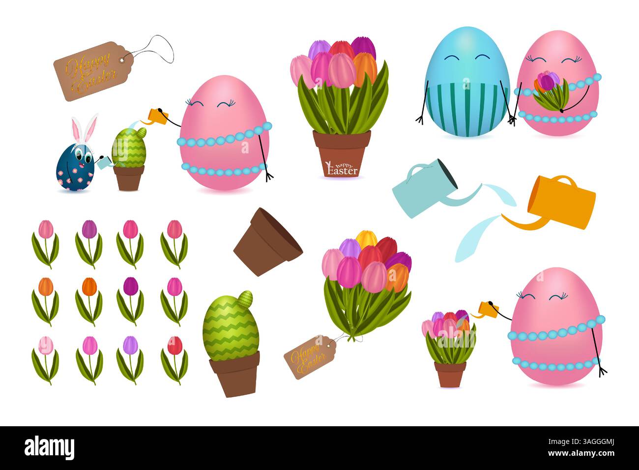 Collection 3D clip art d'adorables personnages anthropomorphes d'oeufs de Pâques et oeufs de couple, cactus en pot et tulipes, bouquet de fleurs, arrosoirs. Illustration de Vecteur