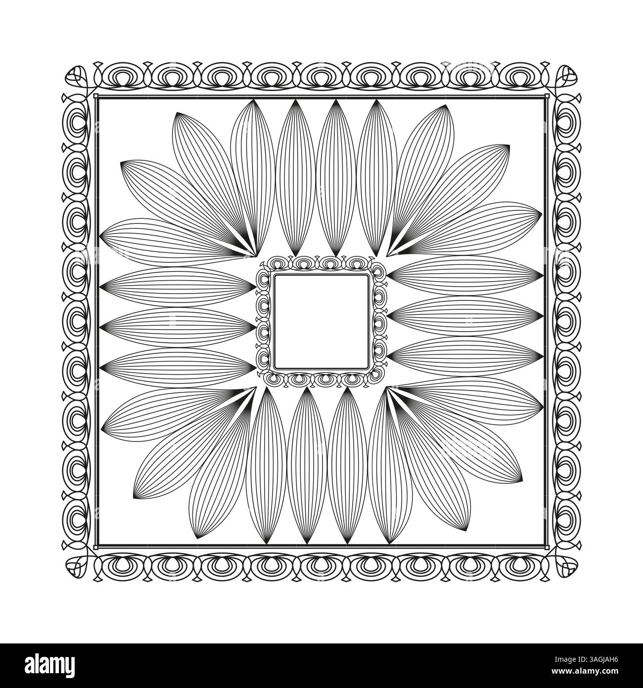 Fleur carrée ornementale. Elément vectoriel décoratif. Symétrie linéaire des pétales. Symbole artistique encadré. Illustration de Vecteur