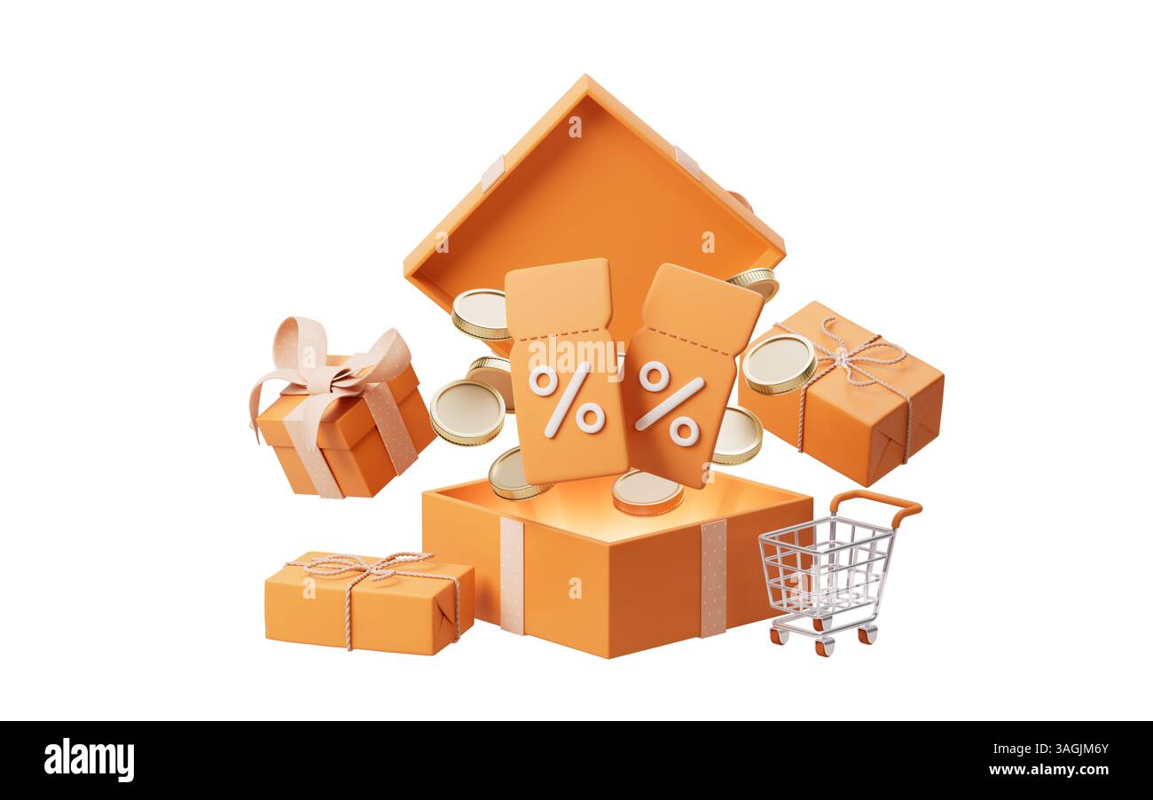 Panier et boîtes cadeaux e-start, rendu 3D. Illustration 3D. Banque D'Images