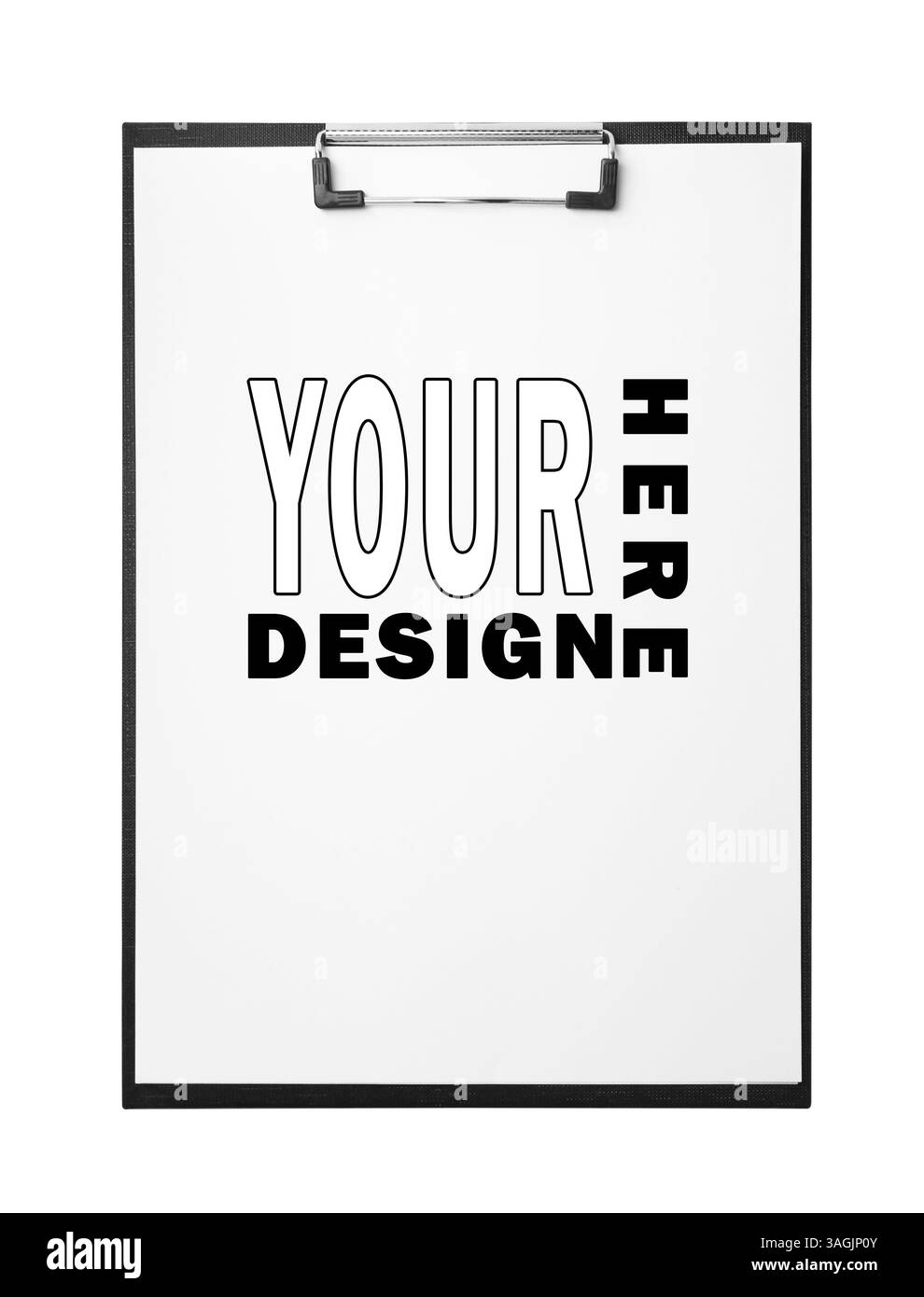 Presse-papiers avec feuille de papier sur fond blanc. Maquette de votre design ici Banque D'Images