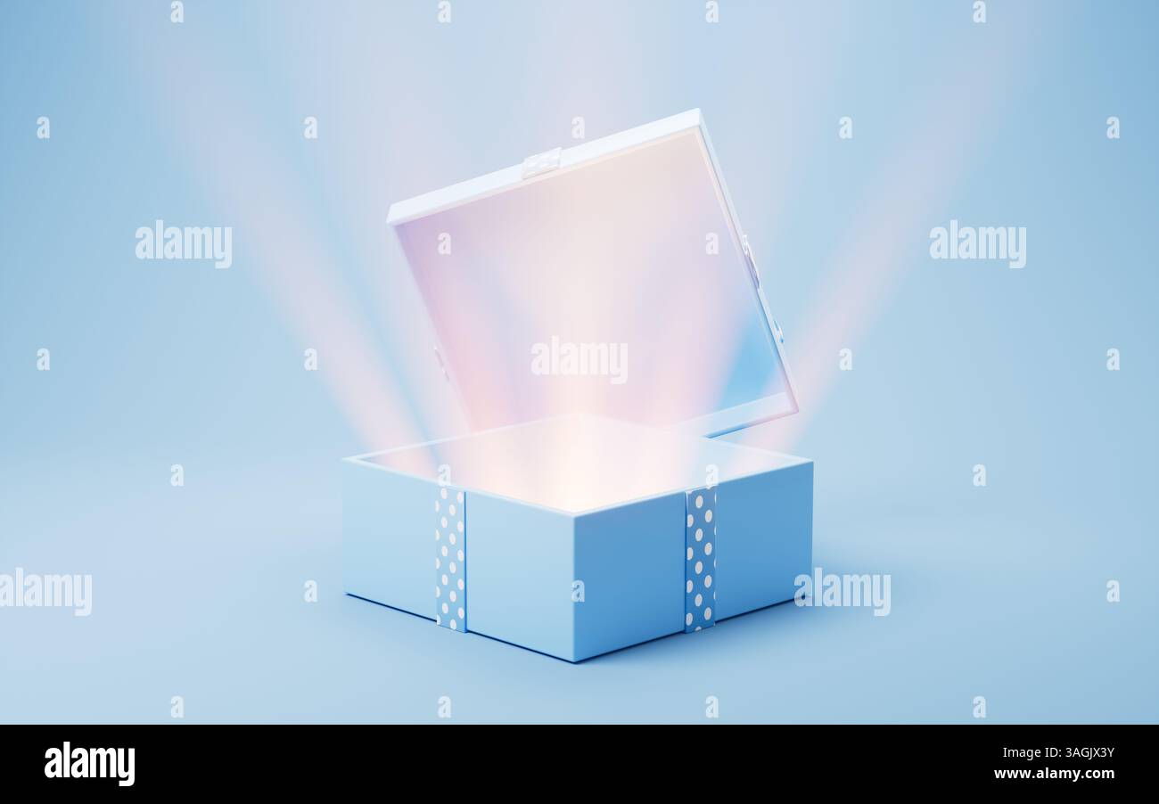 Boîte cadeau de style dessin animé bleu ouvrant, rendu 3D. Illustration 3D. Banque D'Images