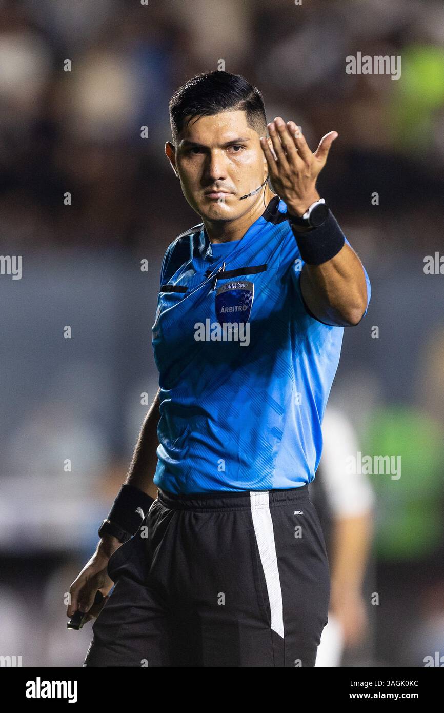 Rio de Janeiro, Brésil. 08 avril 2025. RIO DE JANEIRO, BRÉSIL - 08 AVRIL : L'arbitre BRYAN LOAYZA fait des gestes pendant le match entre Vasco da Gama et Puerto Cabello dans le cadre de la Copa CONMEBOL Sudamericana 2025 au stade Sao Januario le 08 avril 2025 à Rio de Janeiro, Brésil. Crédit : Ruano Carneiro/Alamy Live News Banque D'Images