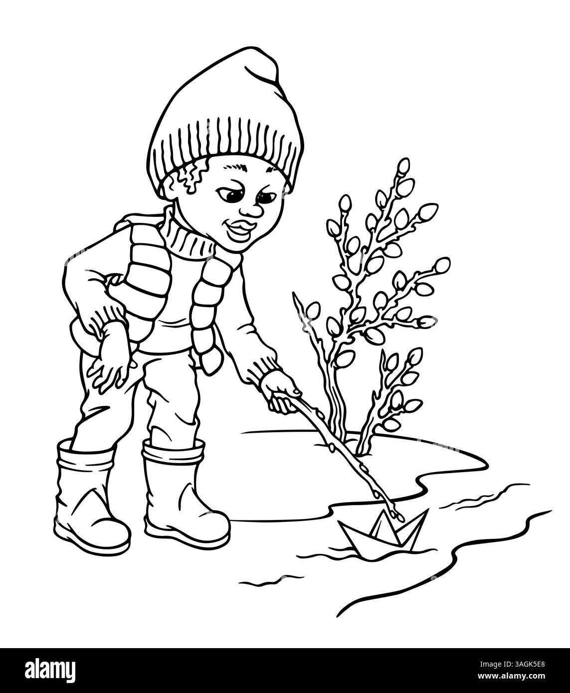 Un garçon en bottes de pluie lance un bateau de papier dans le ruisseau avec de la neige fondante contre la branche de saule en fleurs. Signes de printemps. Illustration de contour Illustration de Vecteur