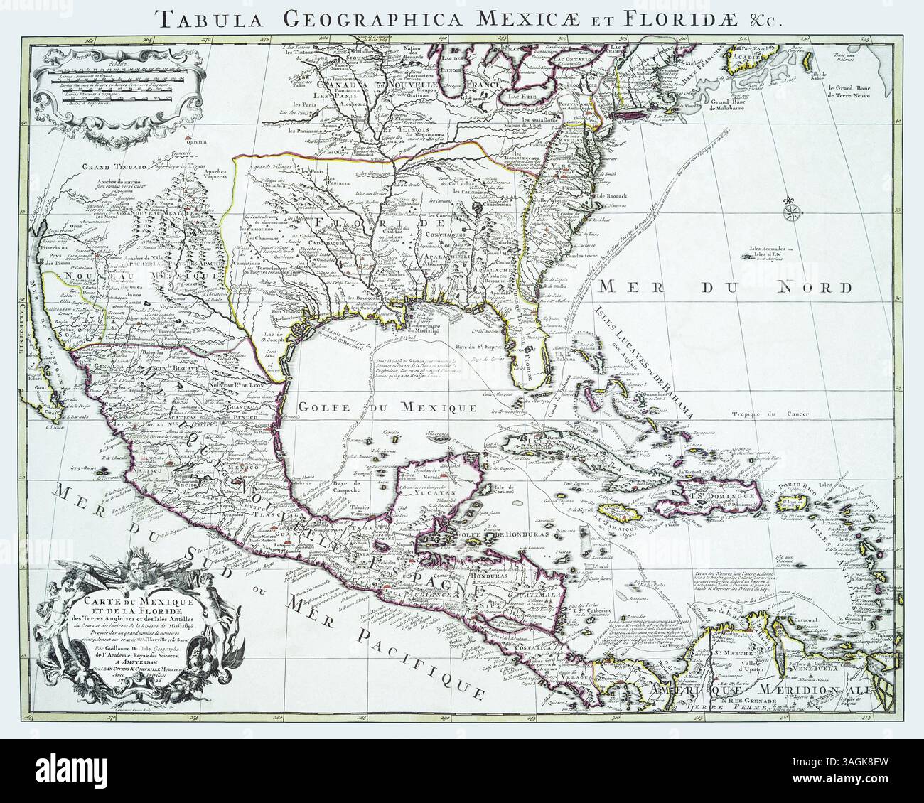 Carte du golfe du Mexique 1722. Il s'agit d'une reproduction améliorée et restaurée d'une carte française antique très détaillée datée de 1772. Représentant le golfe du Mexique (tel qu'il a été nommé avant la création des États-Unis d'Amérique), un cartouche décoratif et des lieux sur la côte atlantique jusqu'au golfe de Californie, et des grands Lacs au nord de l'Amérique du Sud. La carte montre la géographie dans les Caraïbes et la côte atlantique. Banque D'Images