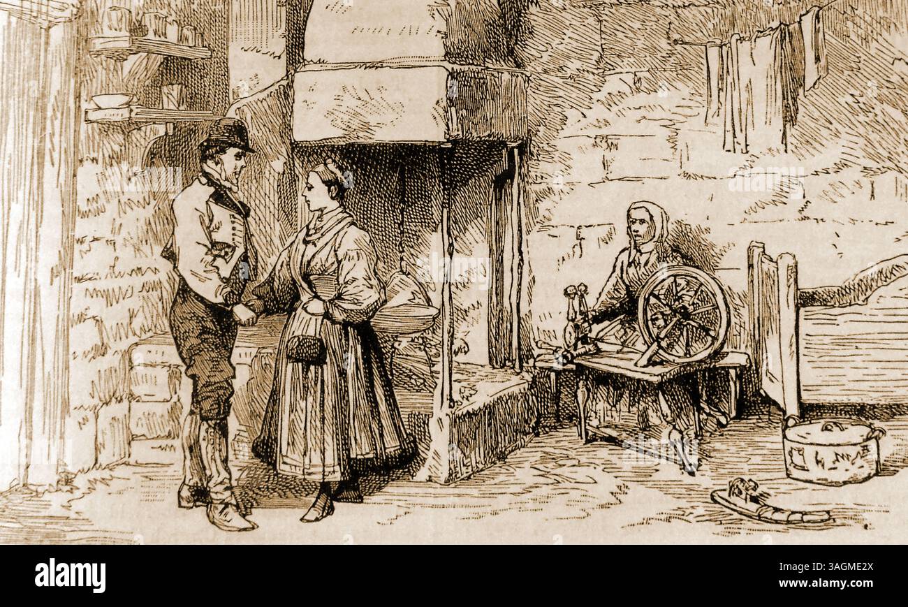 Illustration de la fin des années 1800 montrant l'intérieur d'un saeter (demeure de montagne) sur le Doverefjeld (Dovrefjell) une chaîne de montagnes en Norvège centrale qui forme une barrière naturelle entre l'est de la Norvège et Trøndelag -- en illustrasjon fra slutten av 1800-tallet som viser det indre av en saeter (fjellbolig) på Doverefjeldet (dovrefjeldet) en fjjede i Midt-Norge som som Trøndelag log Østlandet Banque D'Images