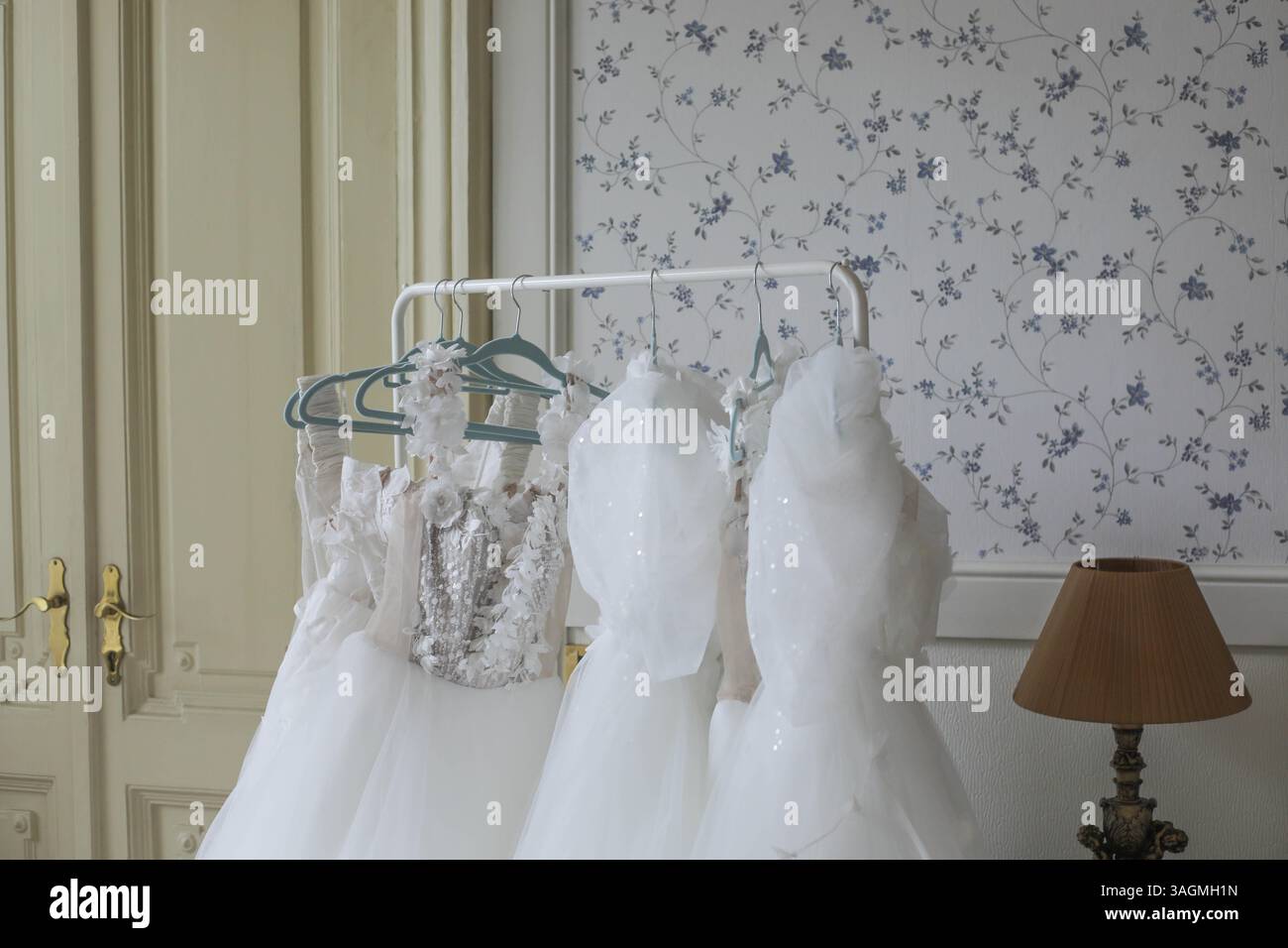 Superbes et belles robes de mariée élégamment exposées dans un cadre serein et tranquille, idéal pour l'inspiration de mariage Banque D'Images