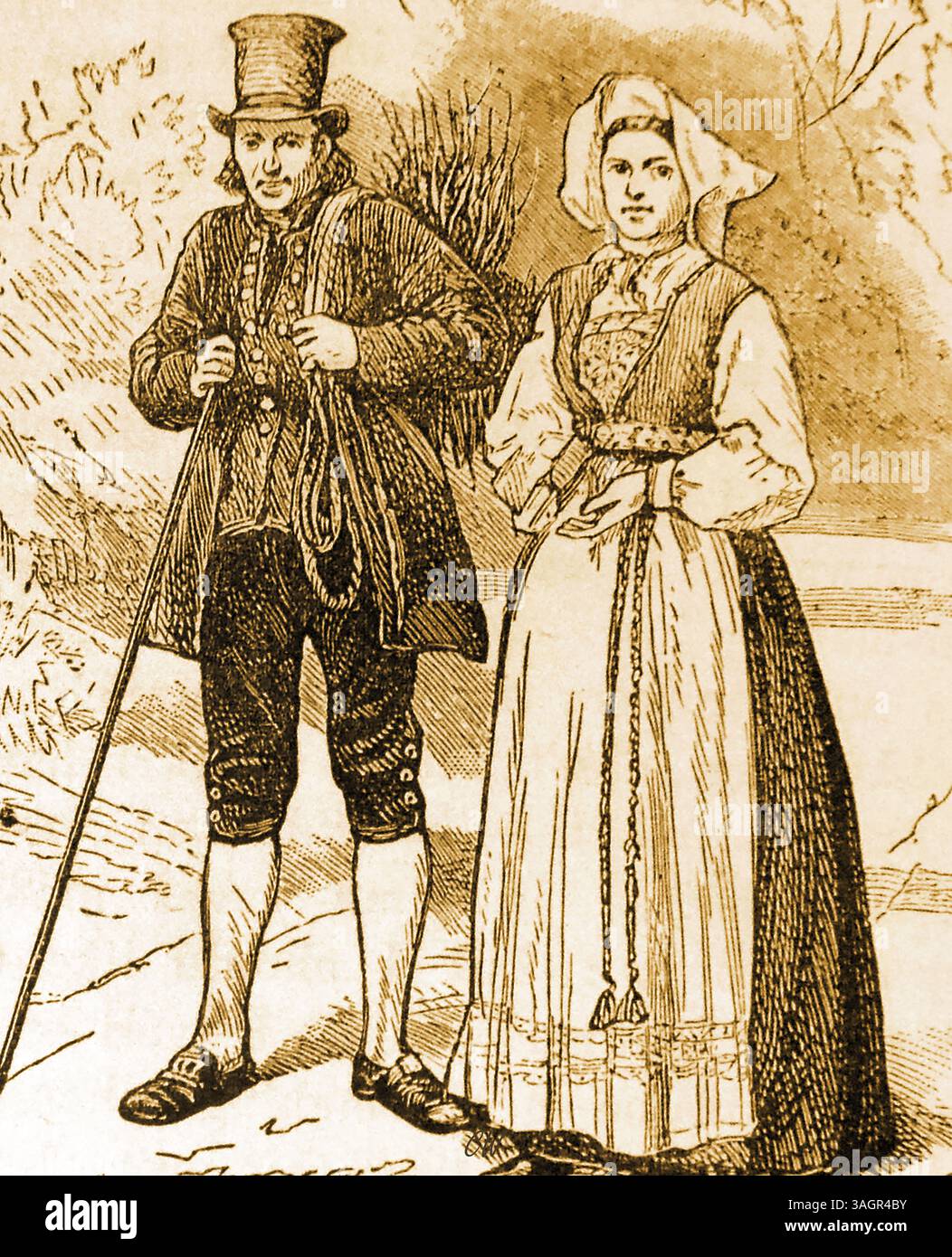 Gravure des années 1880 montrant la tenue vestimentaire normale des gens de la classe ouvrière mieux payés en Norvège. -- et kobberstikk fra 1880-tallet som viser den vanlige klesdrakten til den bedre betalte arbeiderklassen i Norge. -- Banque D'Images