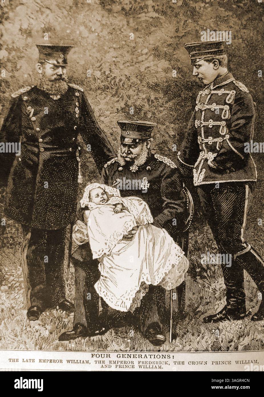 Gravure de 1888 montrant 4 générations de la famille royale allemande. Tiré d'une photographie de 1882 - feu empereur William, empereur Frédéric, prince héritier William, et nouveau-né William, --Ein Stich von 1888, der 4 Generationen der deutschen königlichen Familie zeigt, nach einer Fotografie von 1882 - der verstorbene Kaiser Wilhelm, Kaiser Friedrich, Kronprinz Wilhelm und das neugeborene Baby Wilhelm, -- Banque D'Images