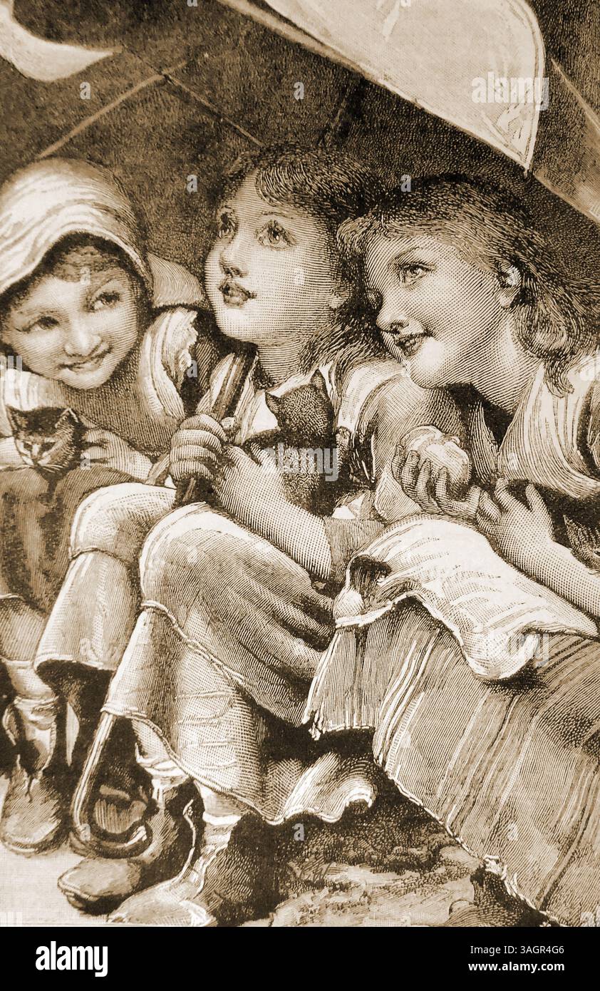 Une gravure de 1888 montrant trois filles avec un parapluie à l'abri de la pluie. Banque D'Images