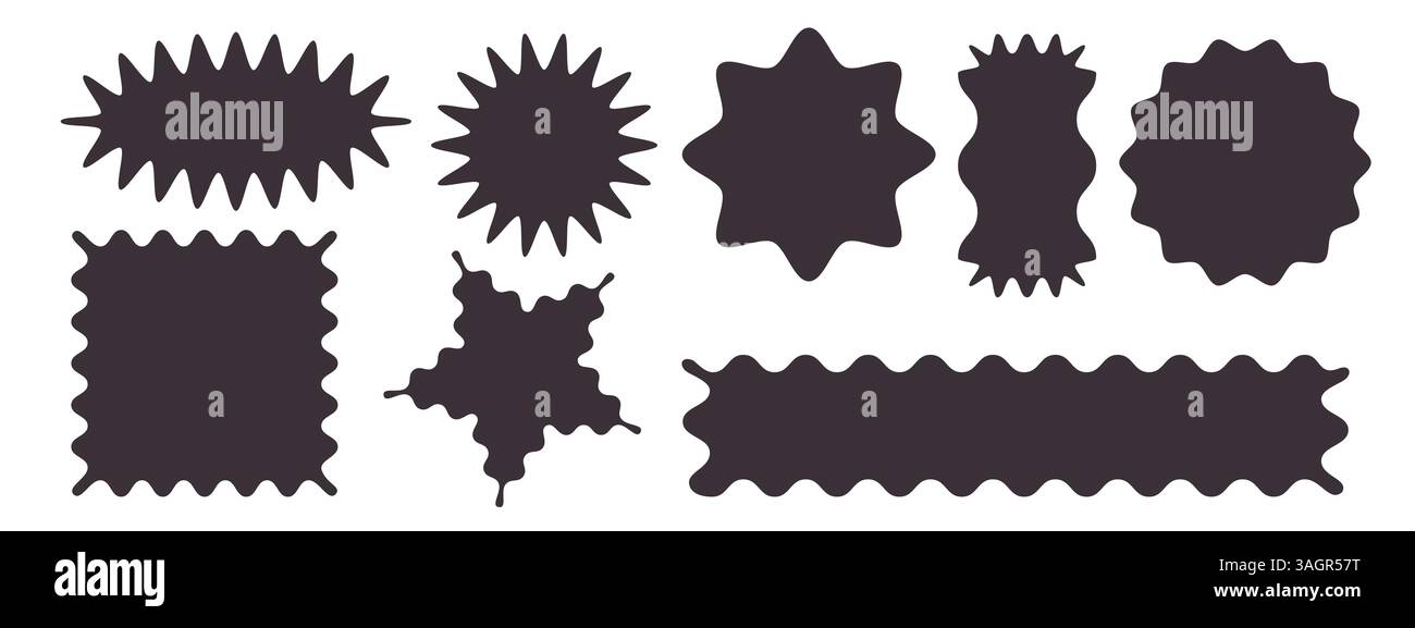 Silhouettes de forme festonnée - Starburst et cercle, rectangle et formes irrégulières abstraites d'éclaboussure. Cadres et badges simples noirs, bordures et éléments de design dans un style monochrome minimaliste. Illustration de Vecteur
