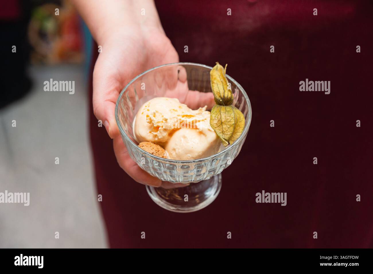 Bol en verre avec des cuillères de crème glacée à la vanille, garni de physalis et de biscuit, tenu à la main dans une présentation élégante. Banque D'Images