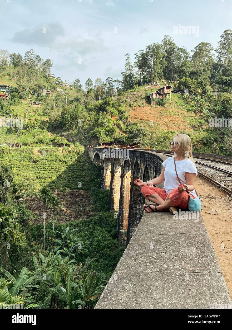 Femme jouissant d'une vue sur le pont des neuf Arches, à Demodara, Sri Lanka. Le pont en voûte haute, fait de ciment et de briques, remonte au coloni britannique Banque D'Images