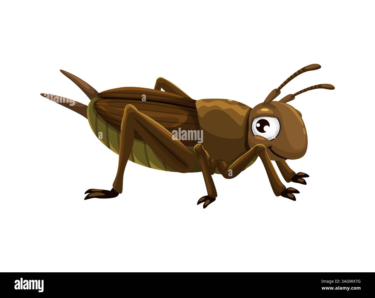 Personnage d'insecte de cricket drôle de dessin animé avec de grands yeux expressifs. Insecte naturel ludique respire le charme et un sentiment de malice et de plaisir. Personnage de ravageur ludique et drôle de vecteur isolé pour les livres d'enfants Illustration de Vecteur