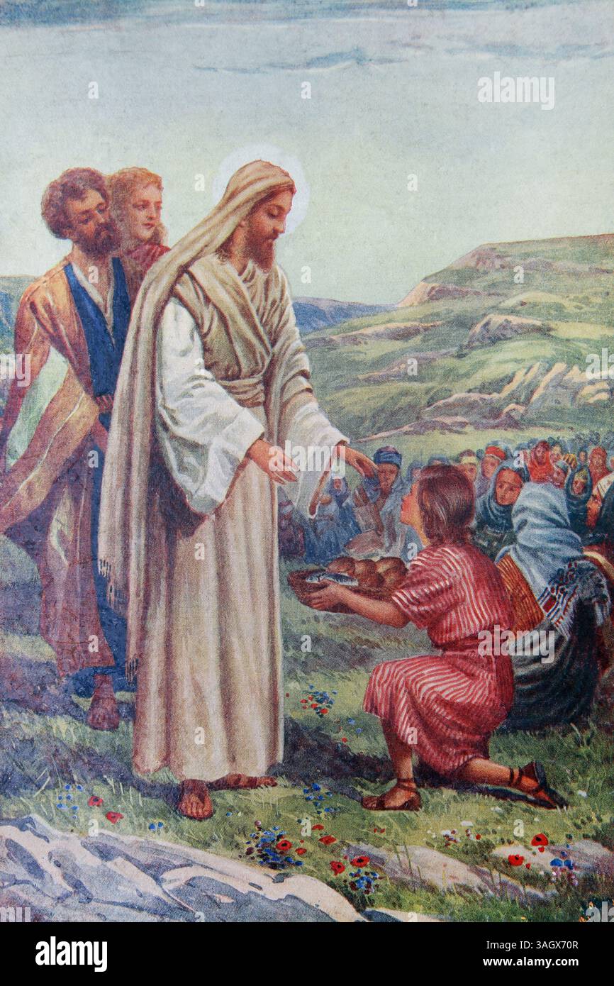 Illustration des pains et des poissons par (nourrissant les cinq mille) le disciple Saint André demandant à Jésus jusqu'où 5 pains d'orge et deux poissons Banque D'Images