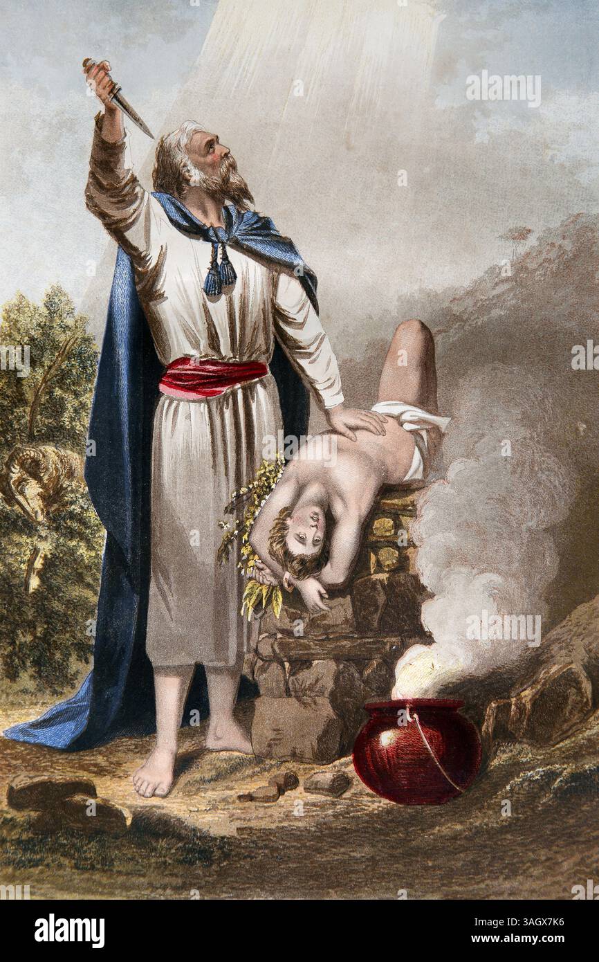 Illustration du procès de la foi d'Abraham - Abraham offrant Isaac de l'ancienne Bible de la Sainte Bible Brown's Self-Interpreting Family Bible c Banque D'Images