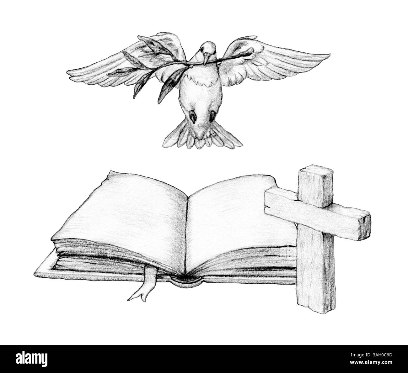 Composition d'un livre ouvert, d'une croix chrétienne et d'une colombe tenant un brach d'olive dans son bec. Illustration traditionnelle sur papier, ma propre œuvre Banque D'Images
