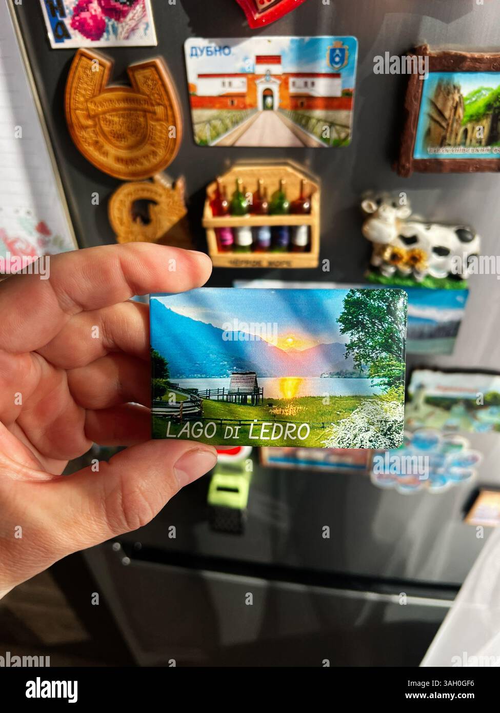 Kiev, Ukraine - 08 avril 2025 : aimant souvenir de voyage Lago di Ledro exposé sur un réfrigérateur avec d'autres aimants. Banque D'Images