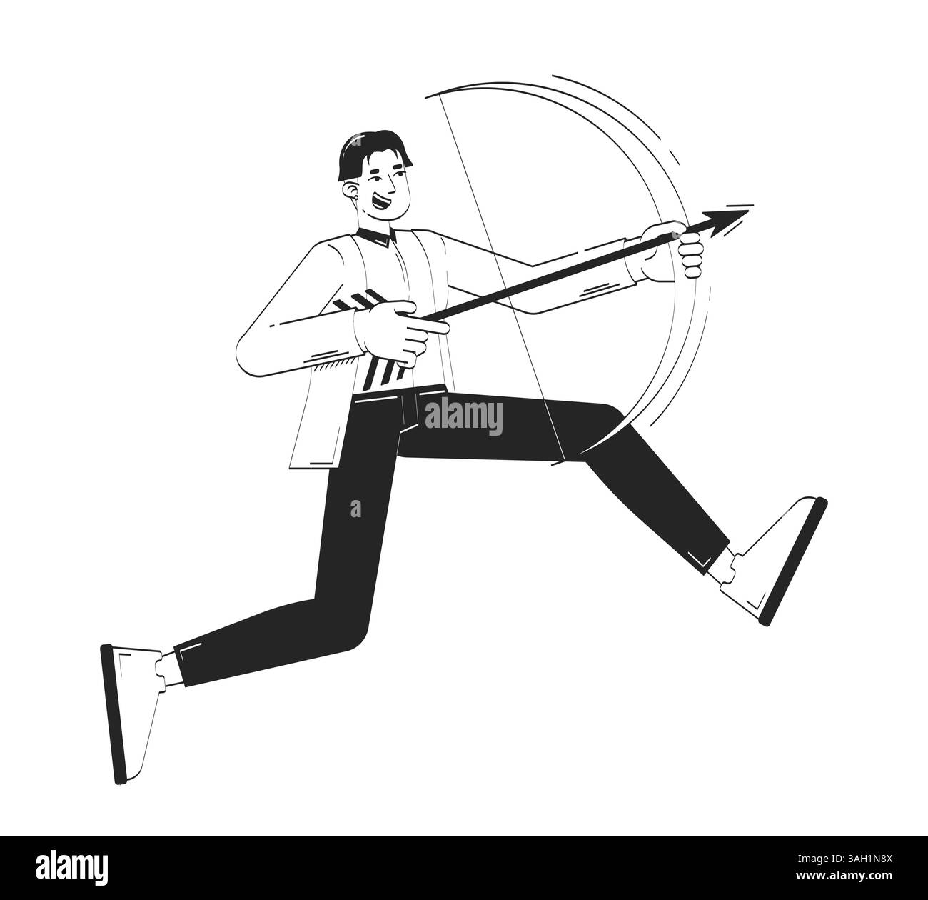 Jeune homme d'affaires coréen excité visant la flèche avec le caractère linéaire de doodle d'arc Illustration de Vecteur