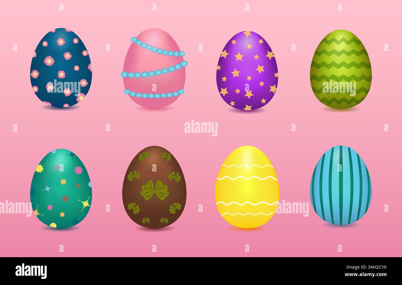 Ensemble clip art 3D d'oeufs de Pâques ornés peints dans des couleurs pastel et ornées d'étoiles, de fleurs, de zigzag, de vagues, d'arcs, perles, rayures et taches de peinture Illustration de Vecteur