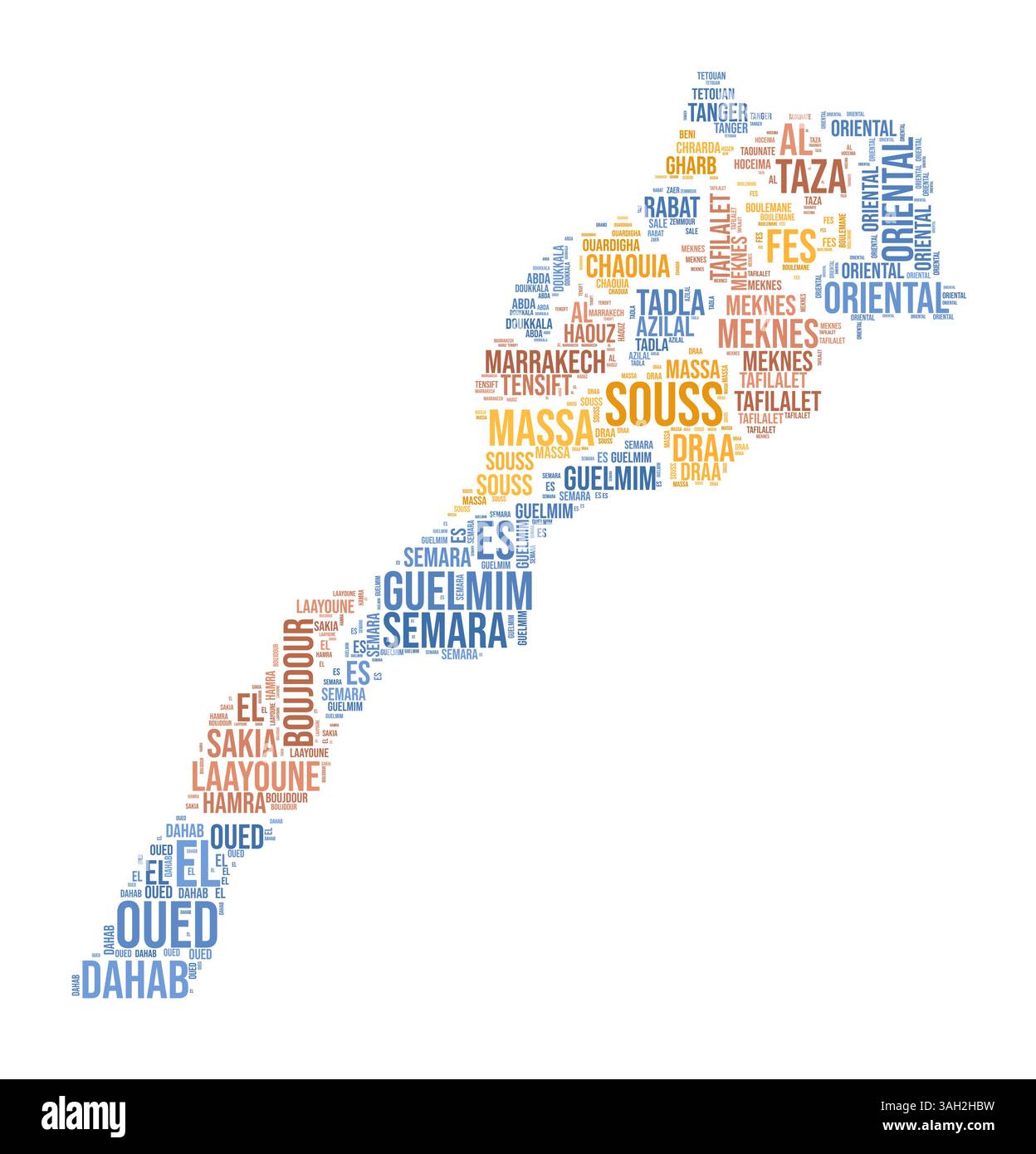 Nuage de mots Maroc. Forme du pays avec division de région. Image de style typographie Maroc. Nuages de balises de noms de région. Illustration vectorielle. Illustration de Vecteur