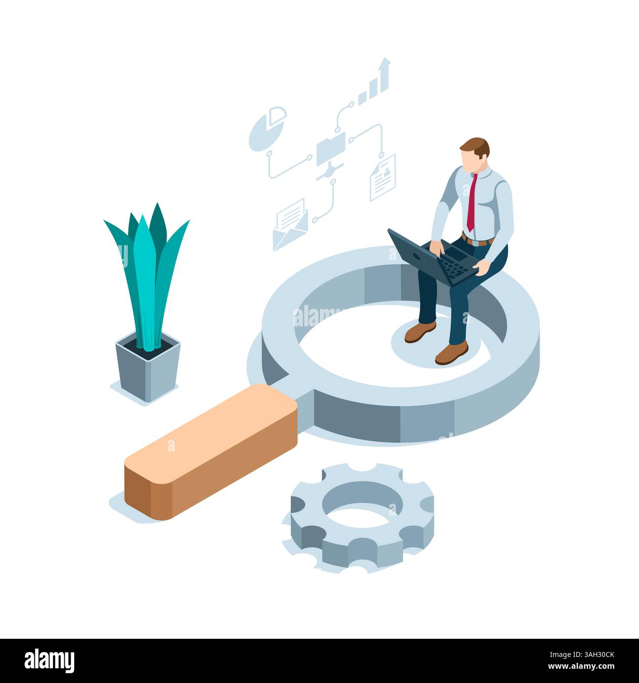 homme d'affaires isométrique avec un ordinateur portable assis sur une loupe en couleur sur un fond blanc, recherchant et travaillant avec des données de travail Illustration de Vecteur